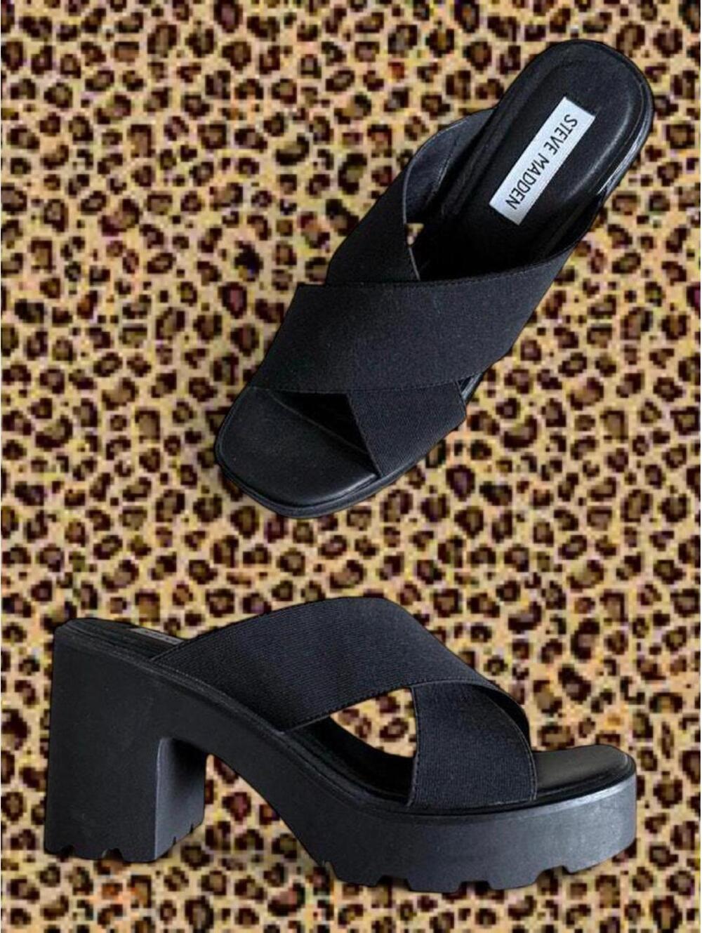 Steve Madden Black Chunky High Heel Platform Sandals Heels Mules Size 9